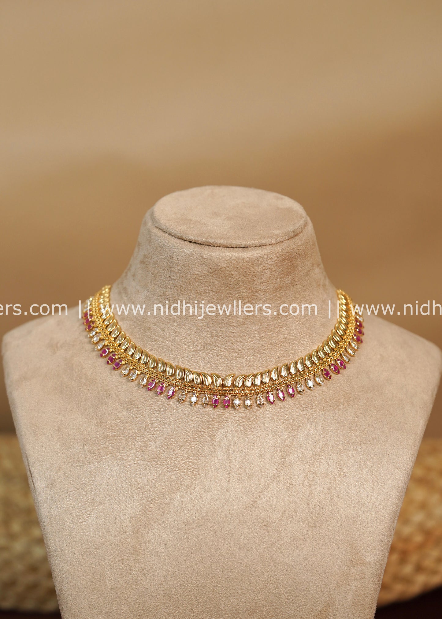 Real Gold Micro-Plated Jasmine Bud Collar Necklace with Ruby and White Stones-Malati