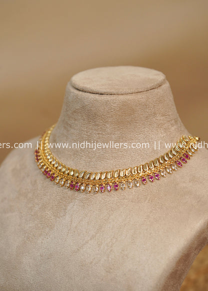 Real Gold Micro-Plated Jasmine Bud Collar Necklace with Ruby and White Stones-Malati