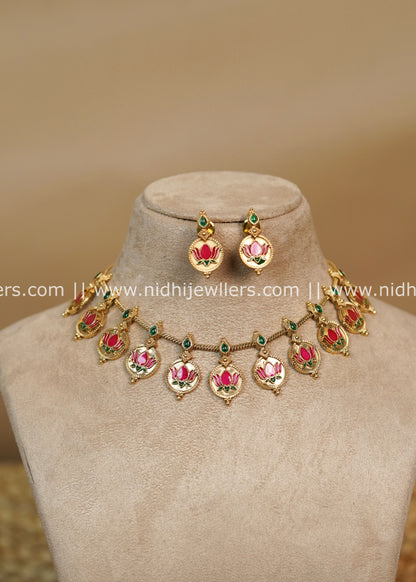 Lotus Enamel Choker Necklace Set with Kemp Accents- Kamala