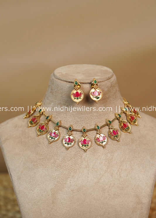 Lotus Enamel Choker Necklace Set with Kemp Accents- Kamala