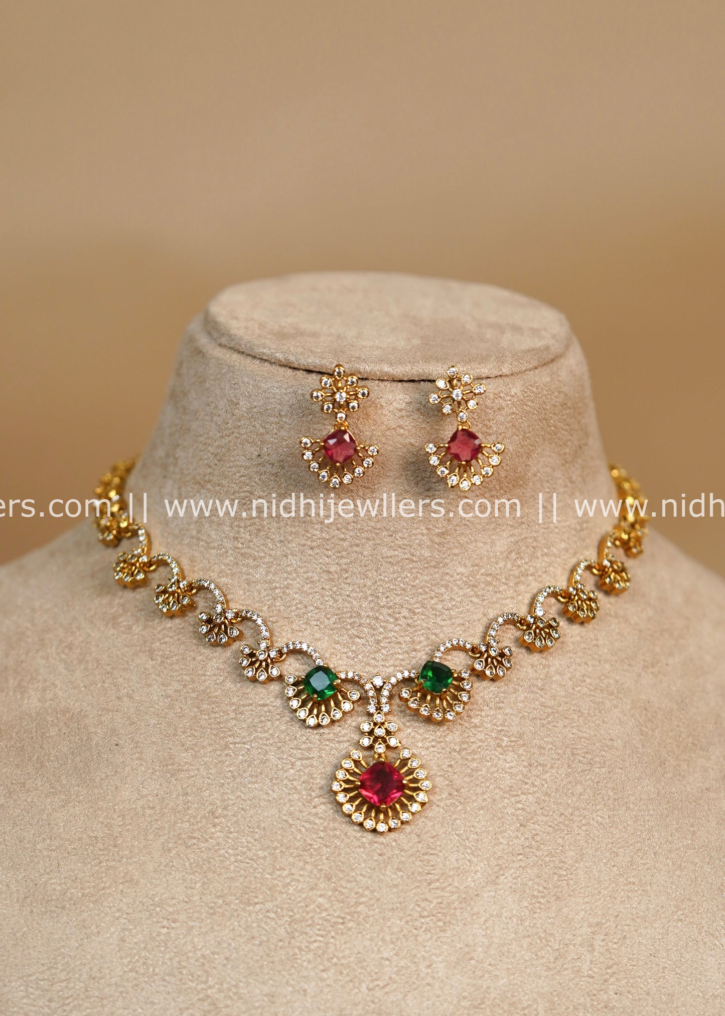 AD Necklace Set with Ruby and Emerald Accents
