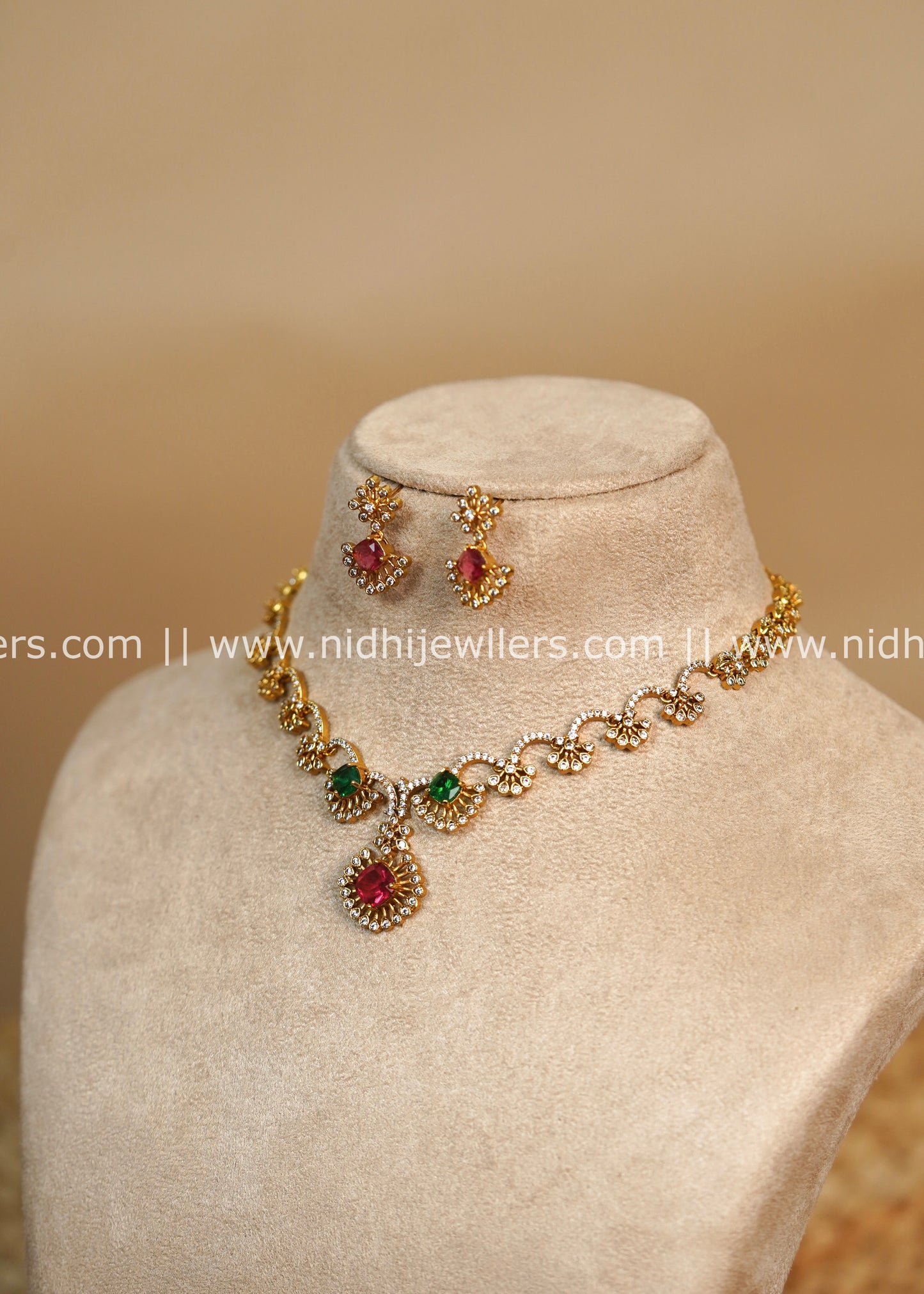 AD Necklace Set with Ruby and Emerald Accents