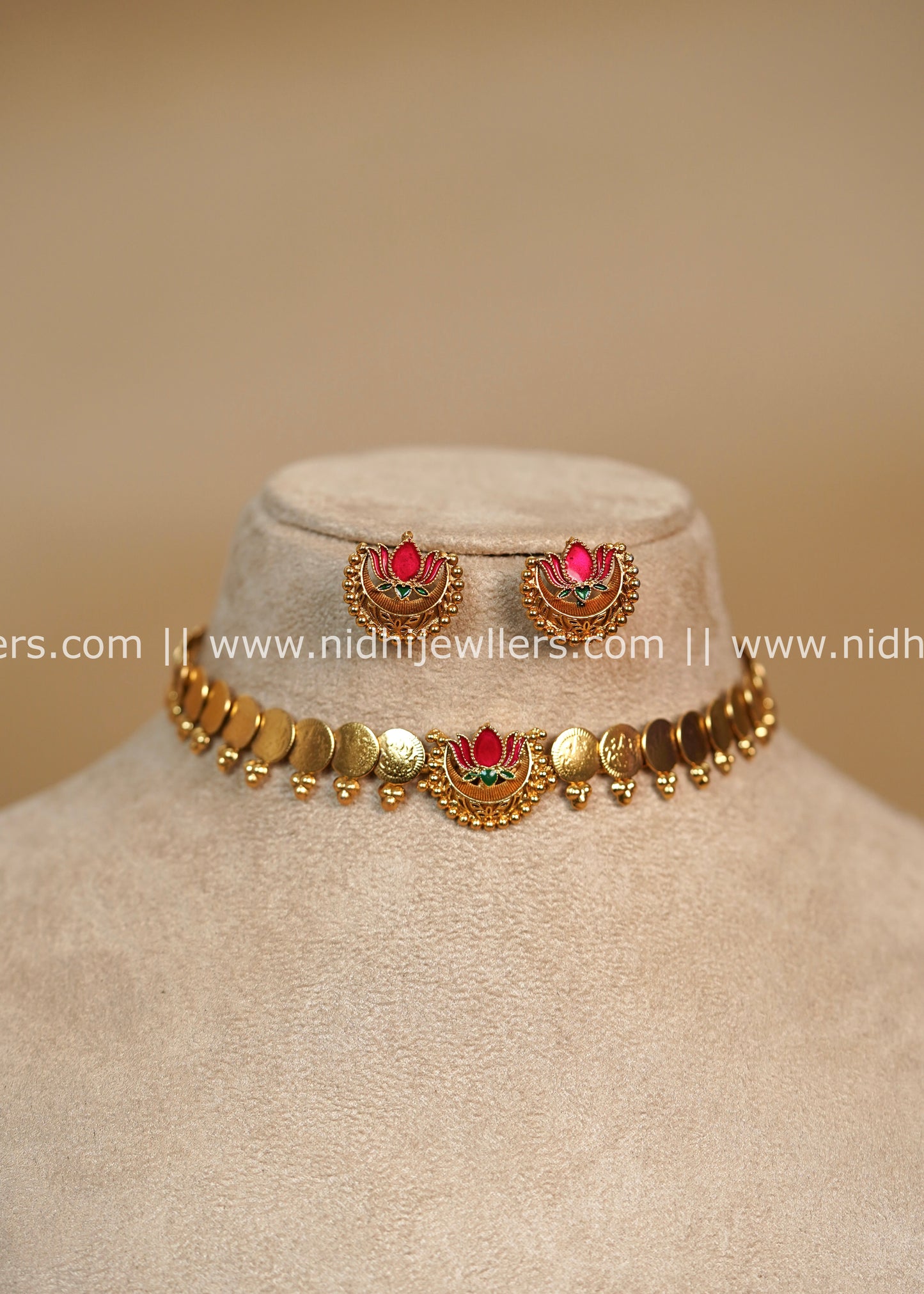 Antique Polished Plain Kasu Choker Necklace Set with Enamel Lotus Centerpiece - Padmapriya