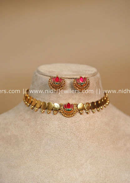 Antique Polished Plain Kasu Choker Necklace Set with Enamel Lotus Centerpiece - Padmapriya