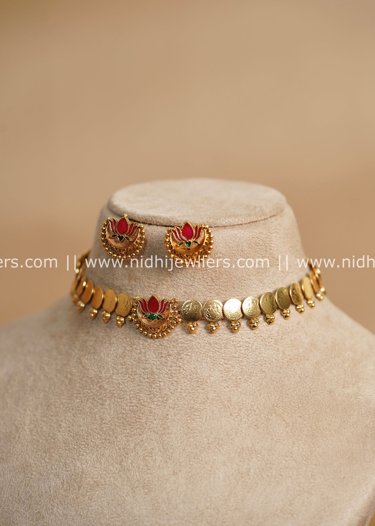 Antique Polished Plain Kasu Choker Necklace Set with Enamel Lotus Centerpiece - Padmapriya