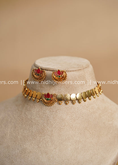 Antique Polished Plain Kasu Choker Necklace Set with Enamel Lotus Centerpiece - Padmapriya