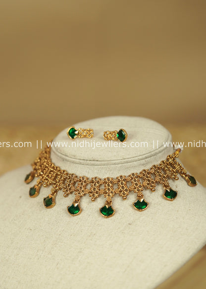 Filigree Mesh Choker Necklace with Flared Green Charms - Malika