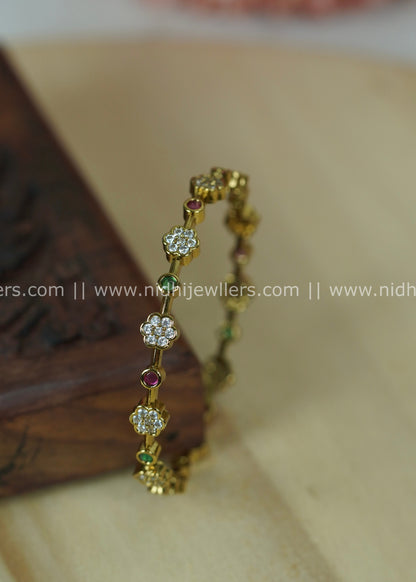 Gold-Color Slender Floral Cluster Bangle with Ruby and Green Accents