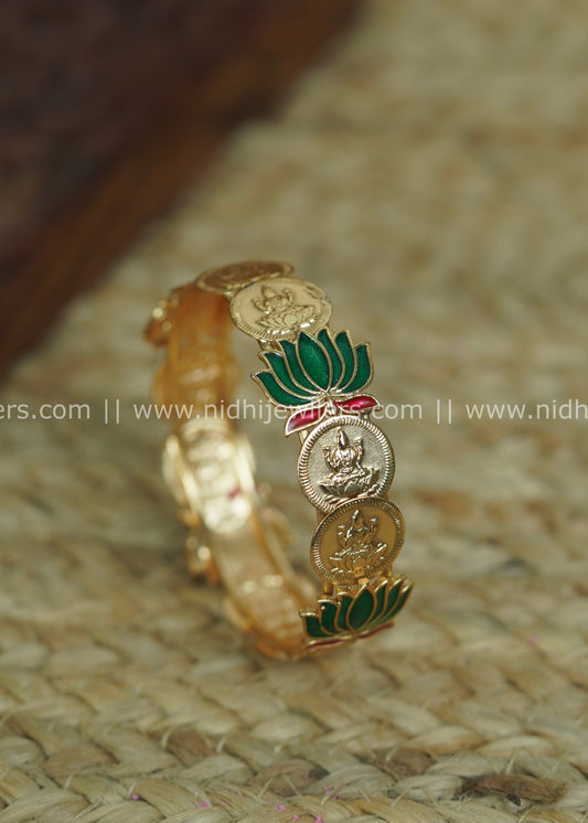 Gold-Tone Lakshmi Kasu Bangle with Emerald-Green Enamel Lotus Accents