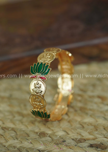 Gold-Tone Lakshmi Kasu Bangle with Emerald-Green Enamel Lotus Accents
