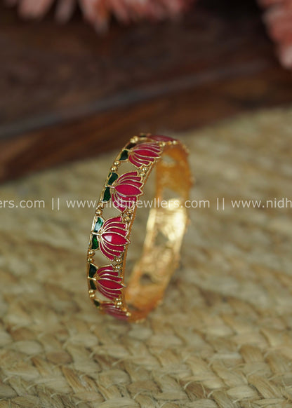 Gold-Tone Openwork Lotus Enamel Bangle with Pink and Green Accents-Charvi