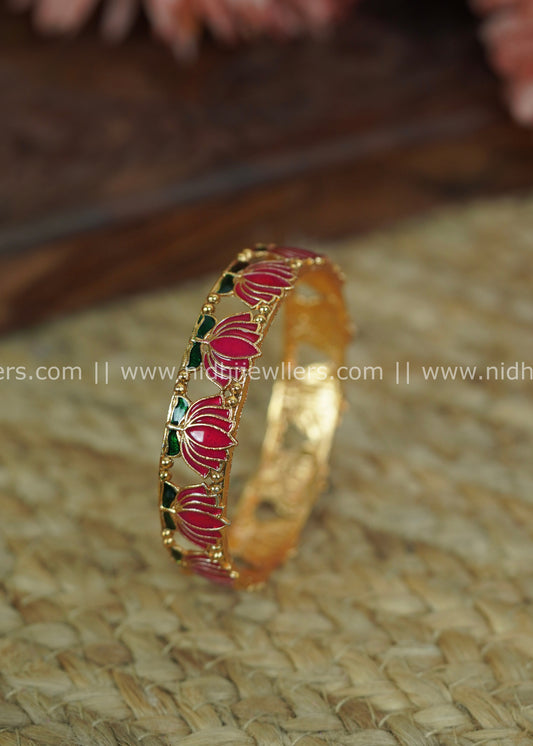 Gold-Tone Openwork Lotus Enamel Bangle with Pink and Green Accents-Charvi