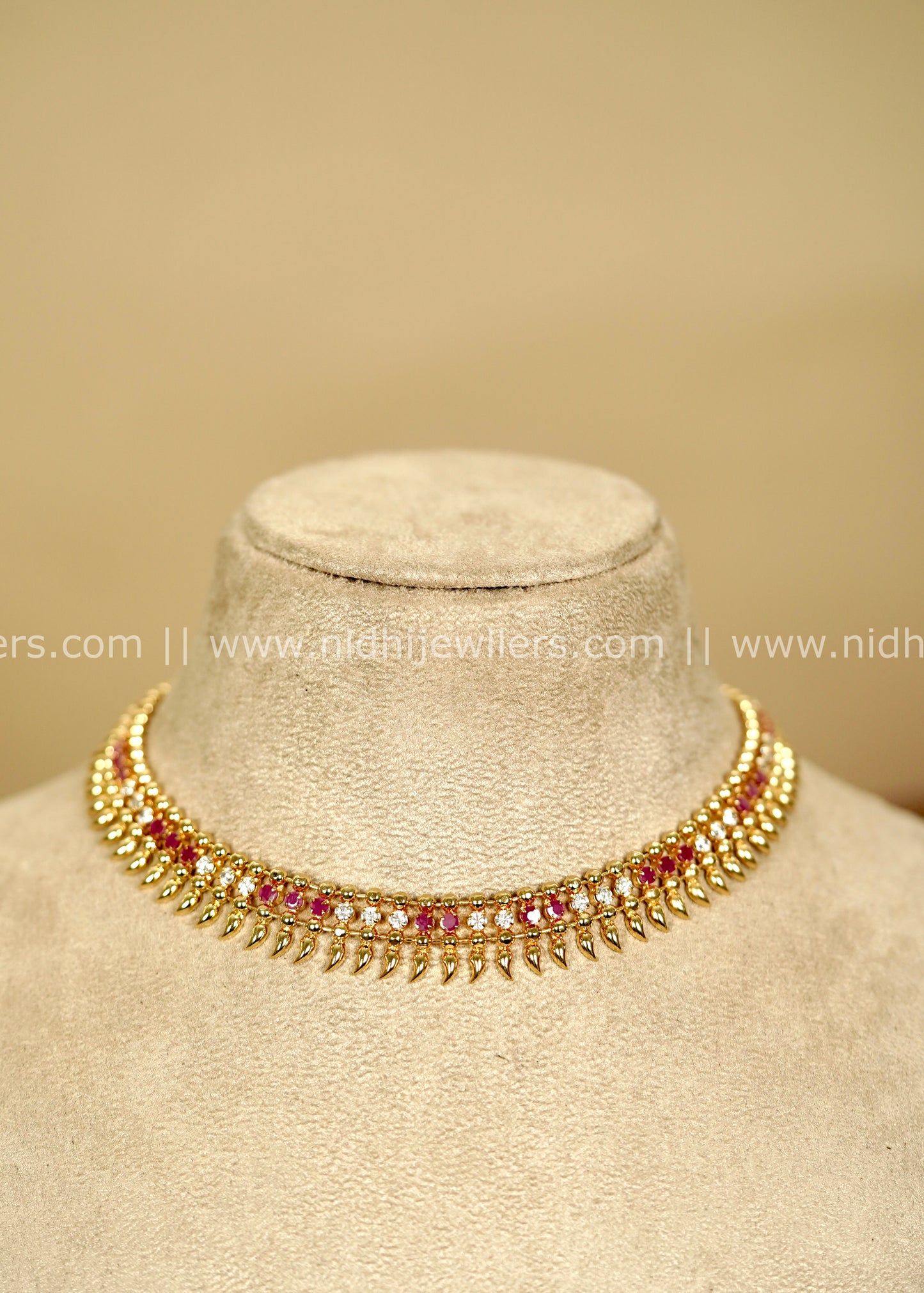 Real Gold Micro-Plated Mullamottu Choker with Alternating Ruby and White Stones -Trisha