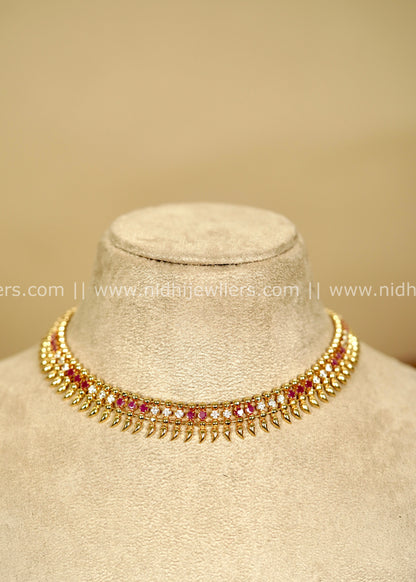 Real Gold Micro-Plated Mullamottu Choker with Alternating Ruby and White Stones -Trisha