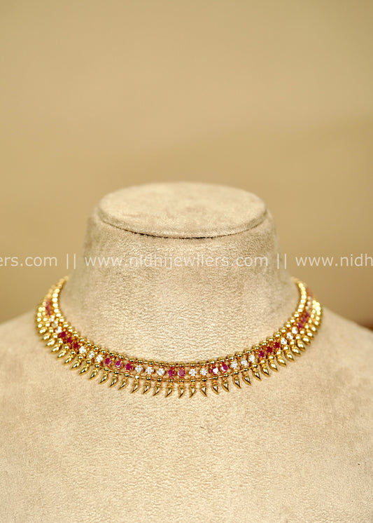 Real Gold Micro-Plated Mullamottu Choker with Alternating Ruby and White Stones -Trisha