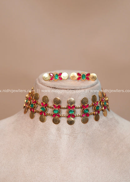Antique Matte Dual-Row Kasu Choker Set with Ruby and Emerald Florets - Tara