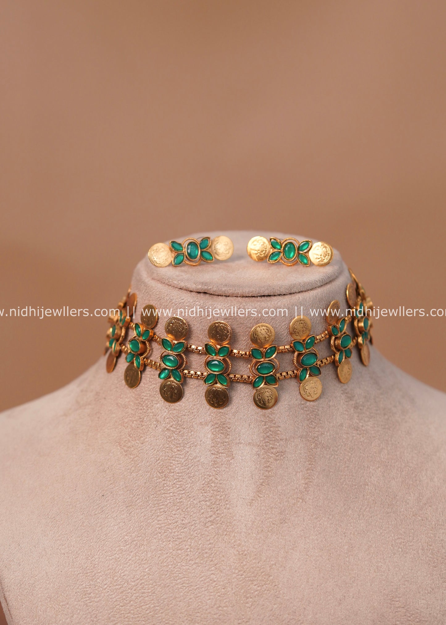 Antique Matte Dual-Row Kasu Choker Set with Emerald Florets - Tara