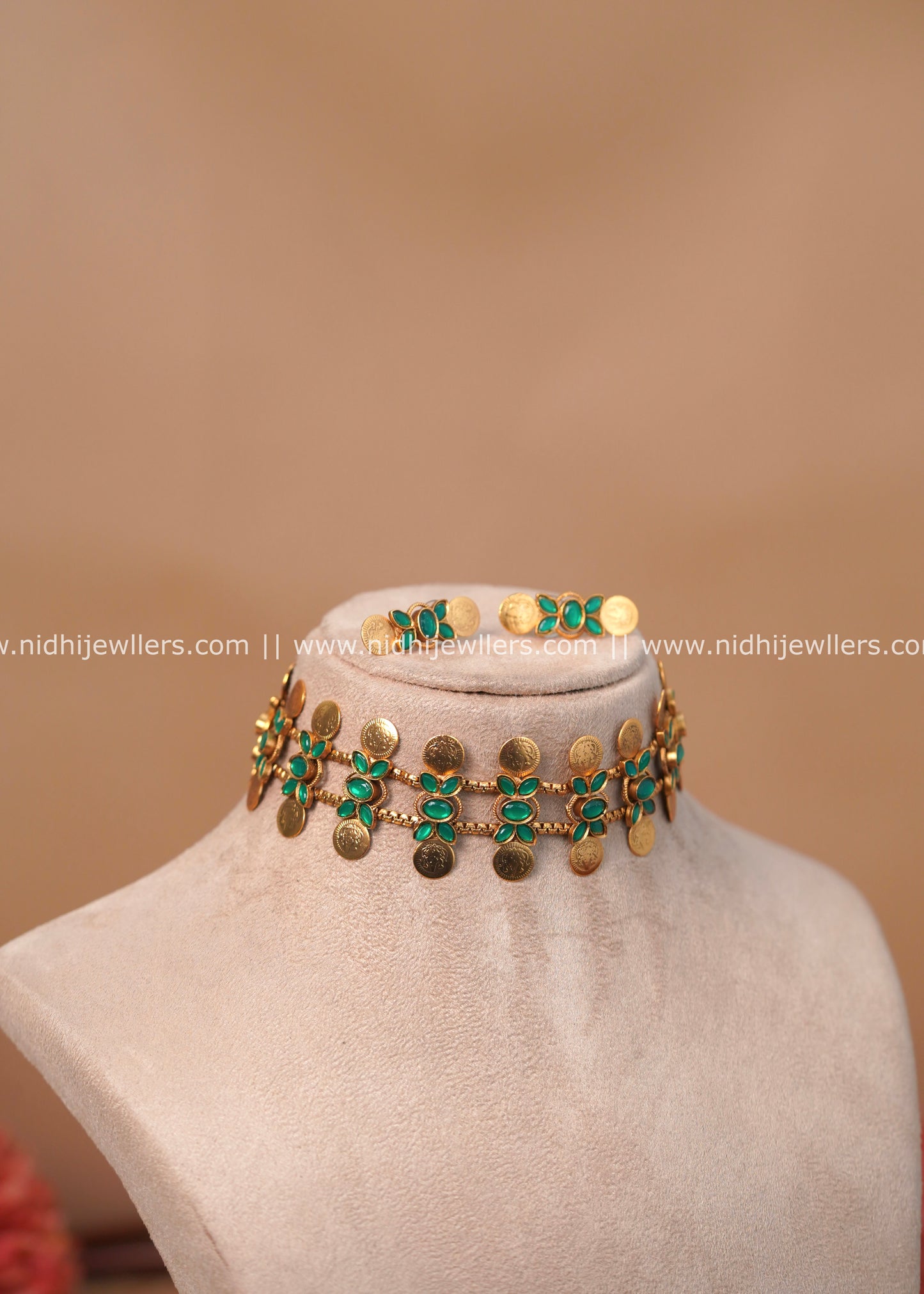 Antique Matte Dual-Row Kasu Choker Set with Emerald Florets - Tara