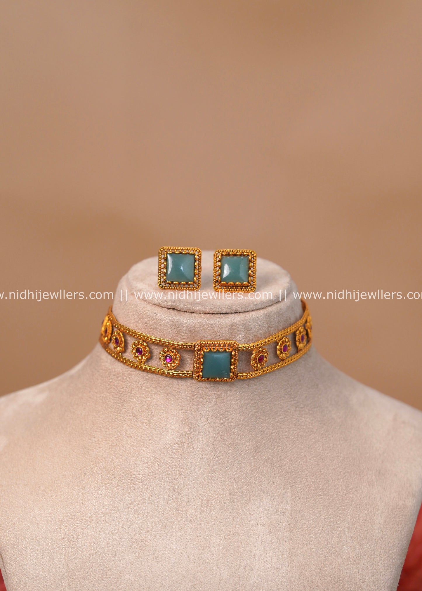 Antique Matte Openwork Rail Choker Set with Square Jade Center - Irava