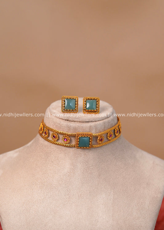 Antique Matte Openwork Rail Choker Set with Square Jade Center - Irava