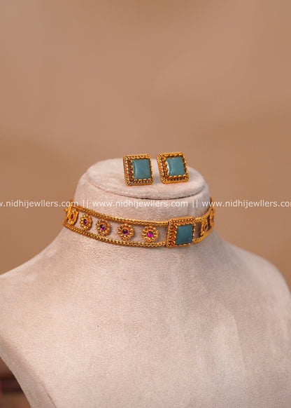 Antique Matte Openwork Rail Choker Set with Square Jade Center - Irava