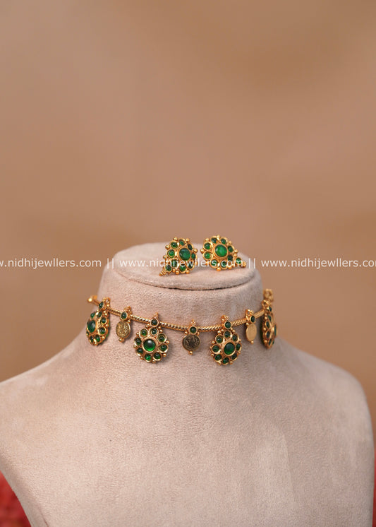 Antique Emerald Floral & Kasu Dainty Chain Choker Set - Oviya