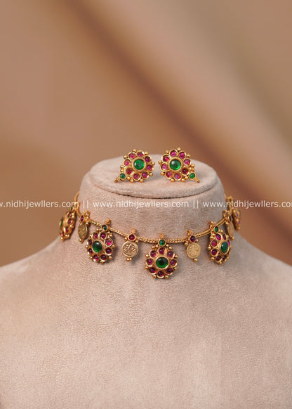 Antique Ruby & Emerald Floral Dainty Chain Choker Set - Oviya