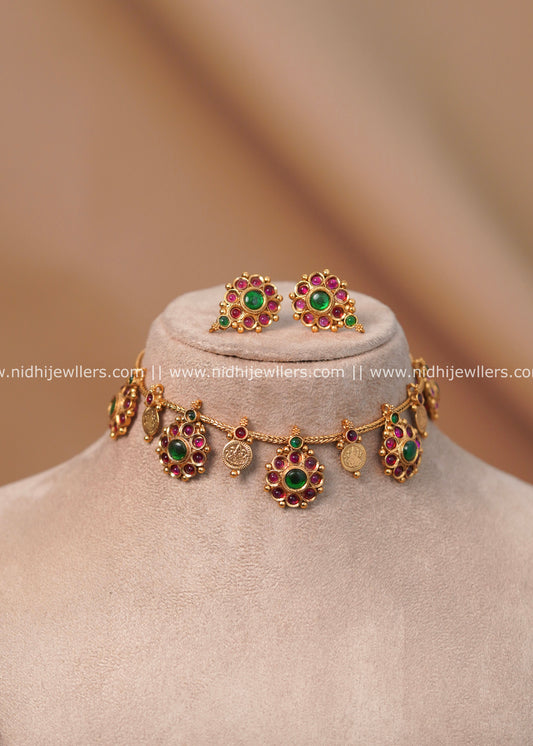 Antique Ruby & Emerald Floral Dainty Chain Choker Set - Oviya