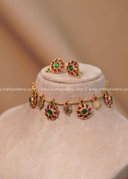 Antique Ruby & Emerald Floral Dainty Chain Choker Set - Oviya