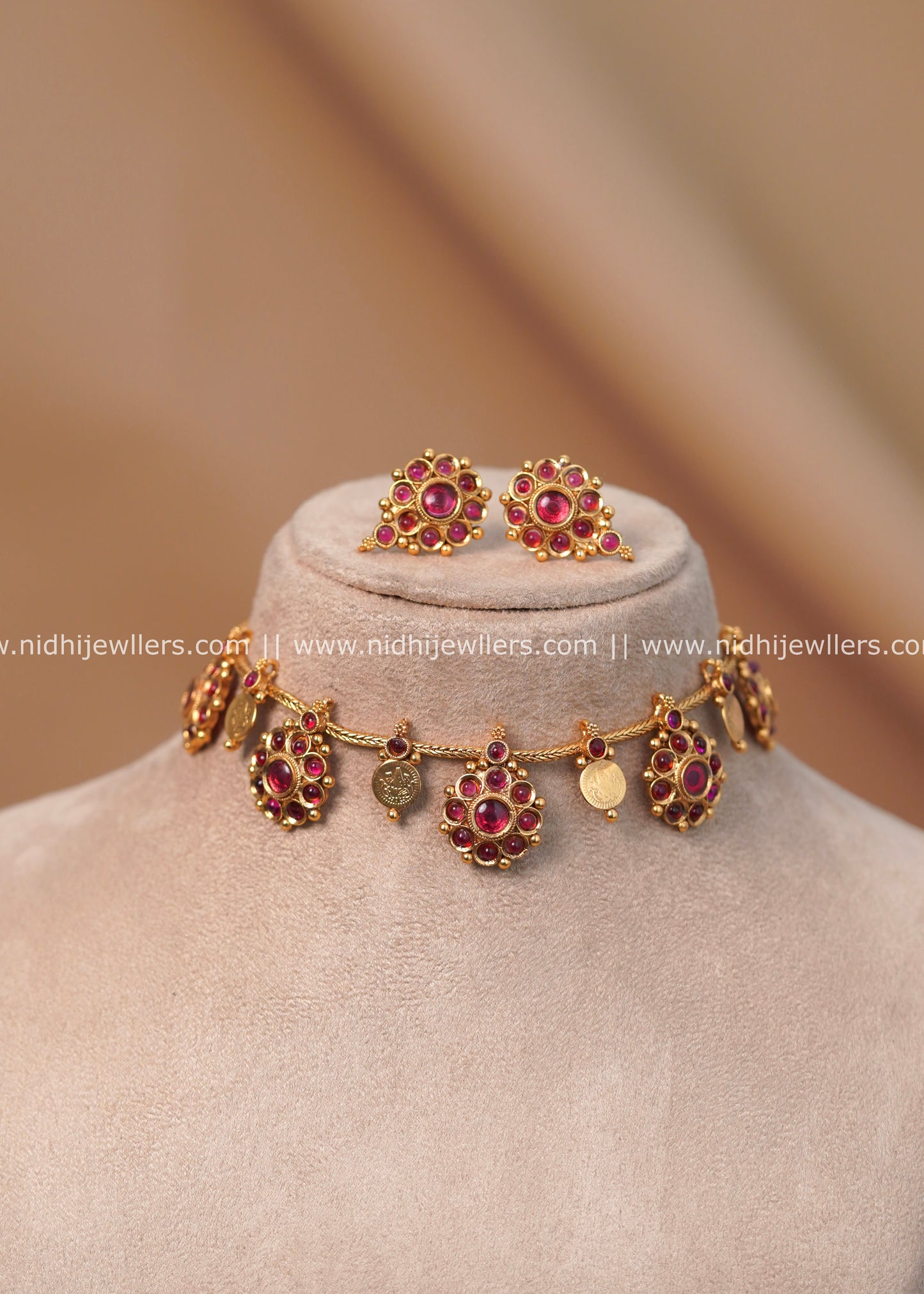 Antique Ruby Floral & Kasu Dainty Chain Choker Set - Oviya