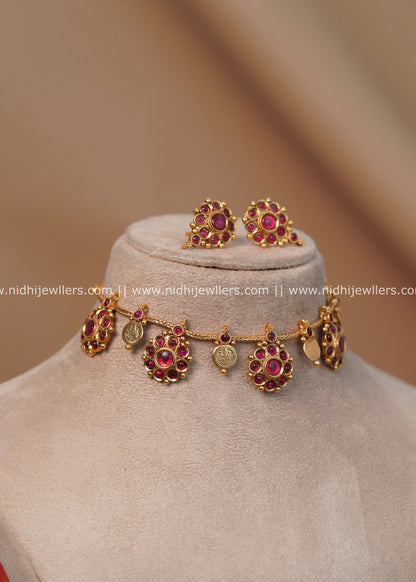Antique Ruby Floral & Kasu Dainty Chain Choker Set - Oviya