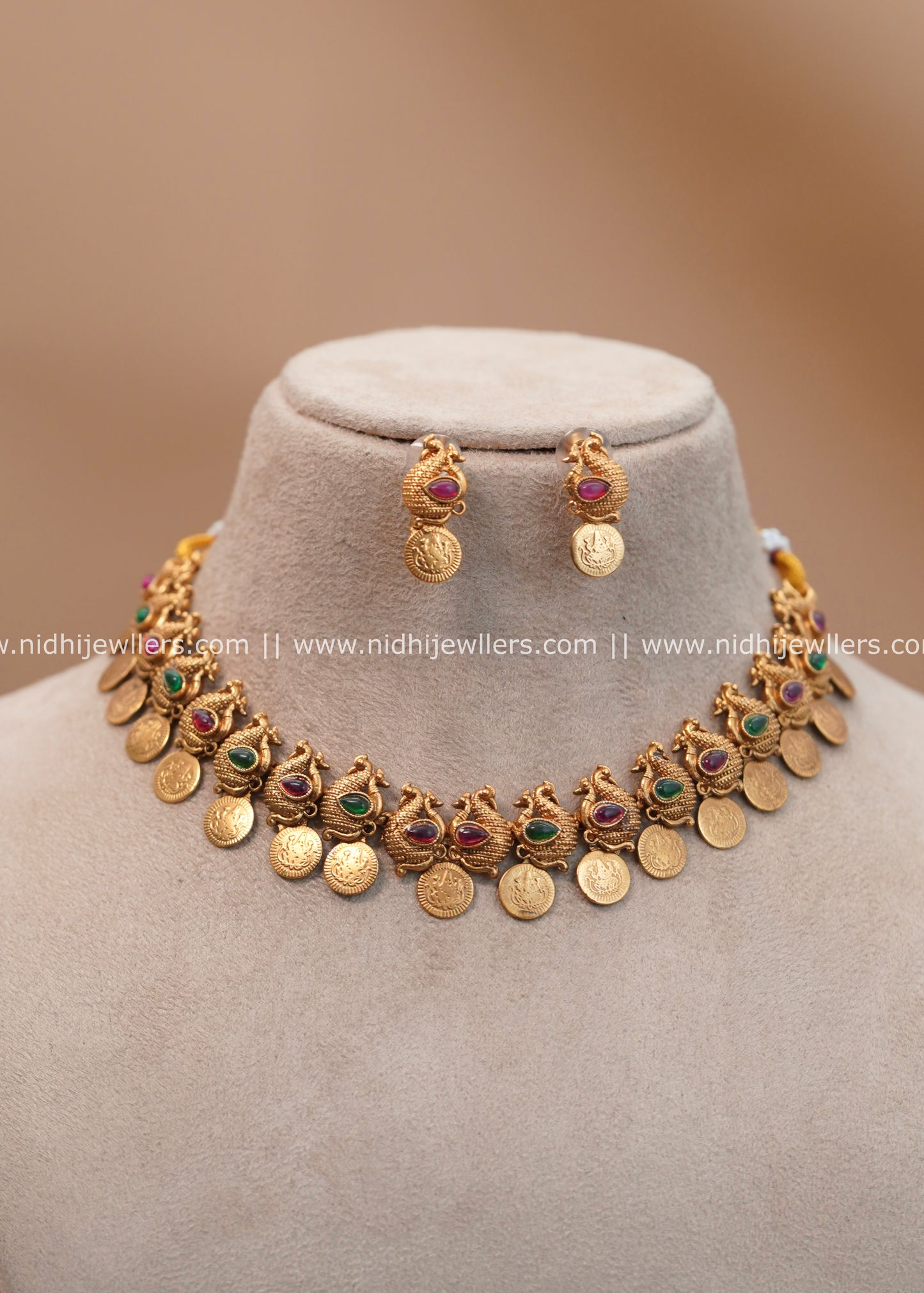 Antique Peacock & Kasu Coin Choker Set with Ruby and Emerald Accents - Vani