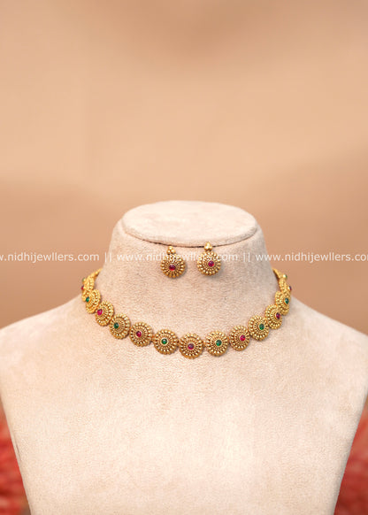 Circular Medallion Choker Set with Ruby and Emerald Accents - Nayana