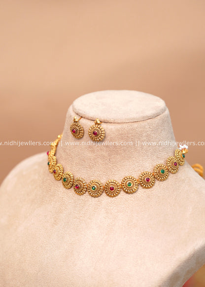 Circular Medallion Choker Set with Ruby and Emerald Accents - Nayana