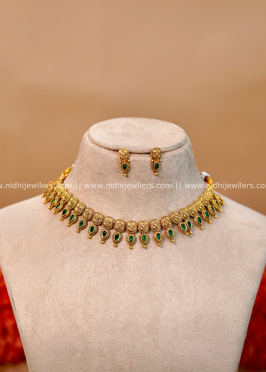 Lakshmi Temple Choker Set with Emerald Mango Drops - Deepa