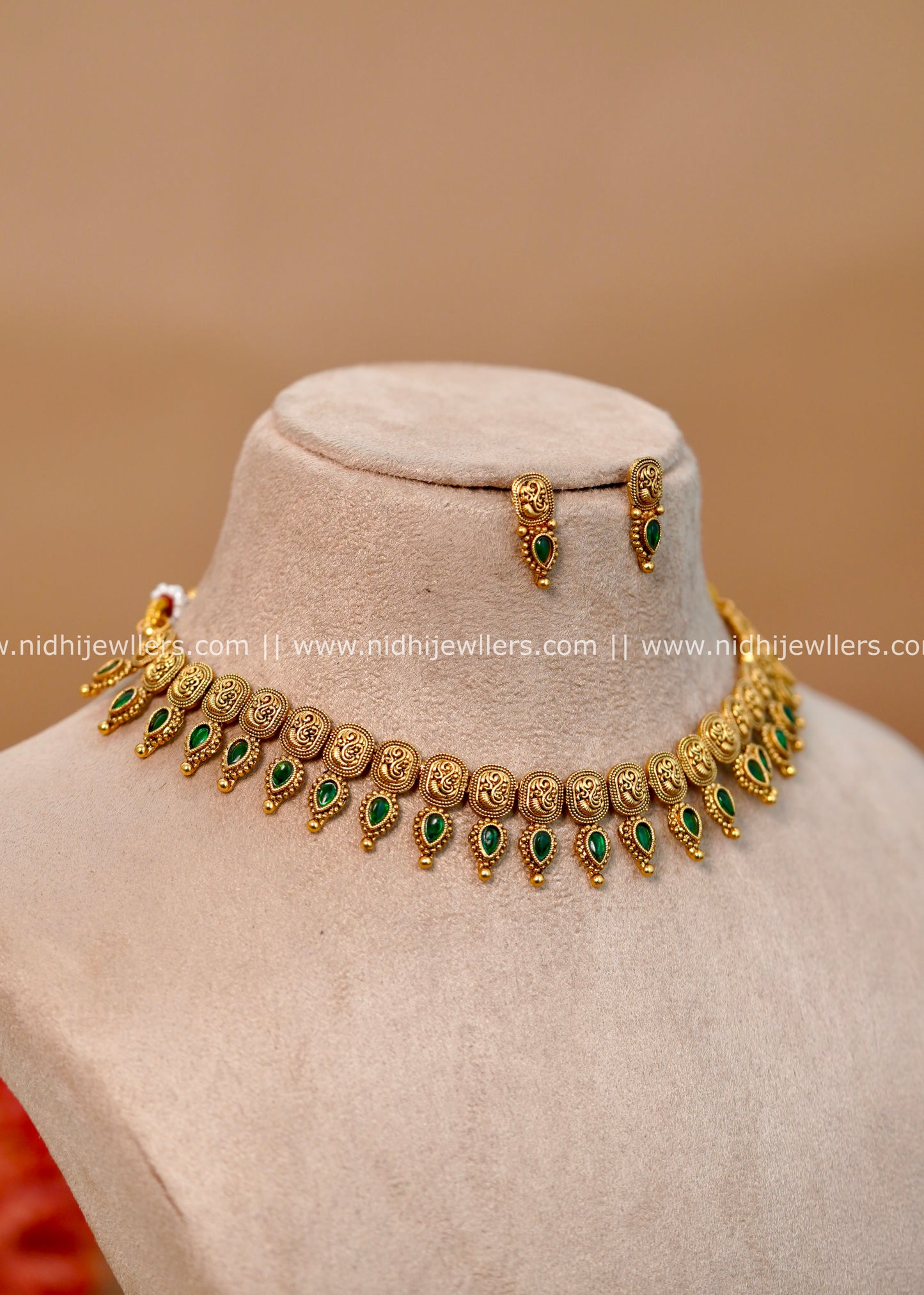 Lakshmi Temple Choker Set with Emerald Mango Drops - Deepa