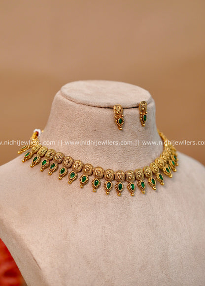 Lakshmi Temple Choker Set with Emerald Mango Drops - Deepa