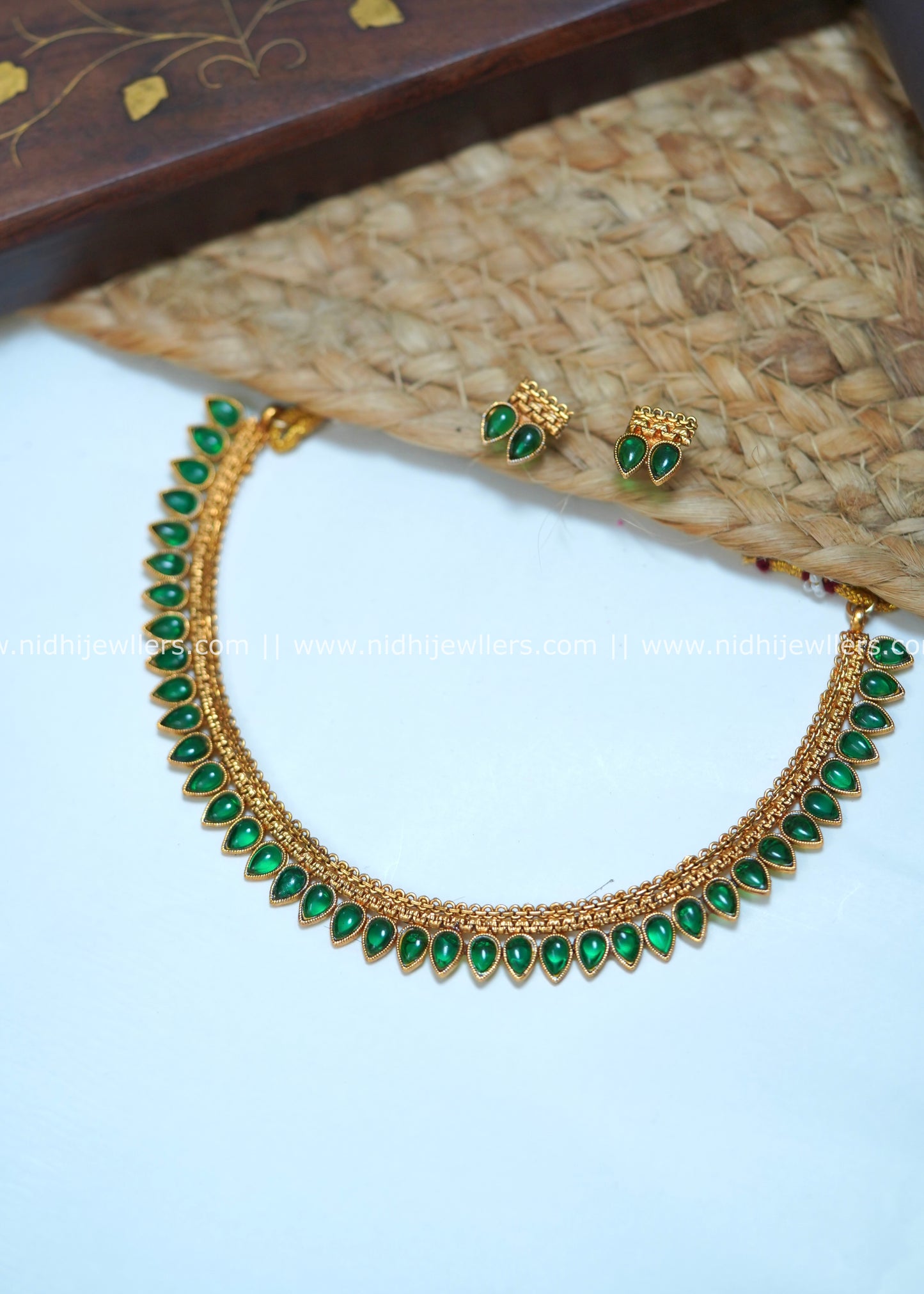 Antique Matte Emerald Mango Drop Necklace Set - Maya