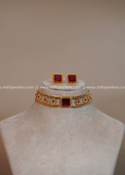 Openwork Rail Choker Set with Square Ruby Center - Charuka
