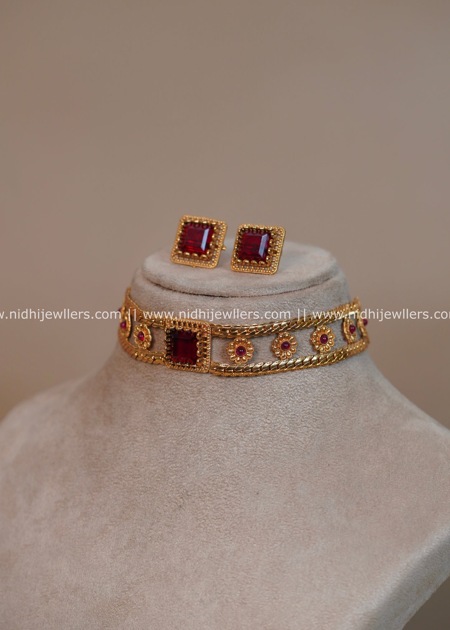 Openwork Rail Choker Set with Square Ruby Center - Charuka