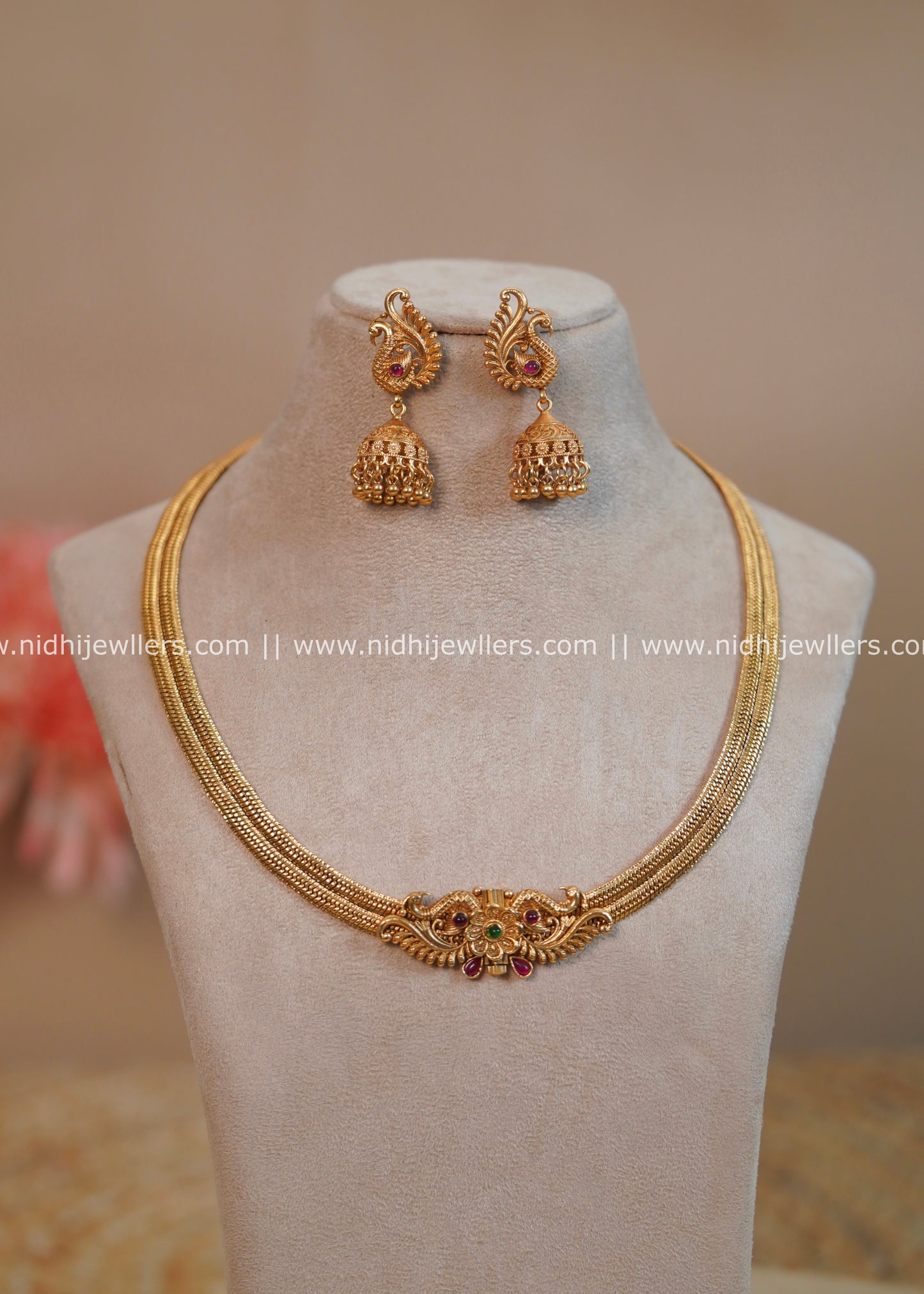 Antique Multi-Strand Woven Mesh Hasli Necklace Set with Peacock Jhumkas - Meera