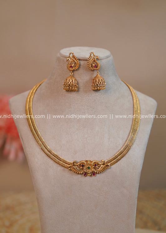 Antique Multi-Strand Woven Mesh Hasli Necklace Set with Peacock Jhumkas - Meera