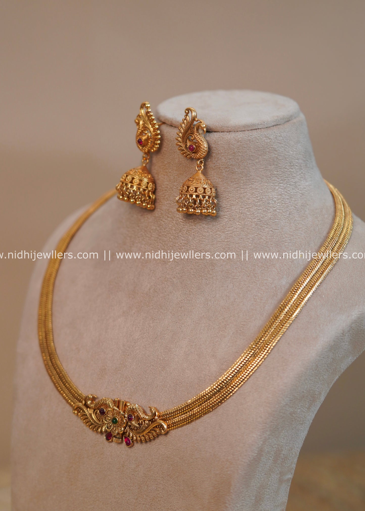 Antique Multi-Strand Woven Mesh Hasli Necklace Set with Peacock Jhumkas - Meera