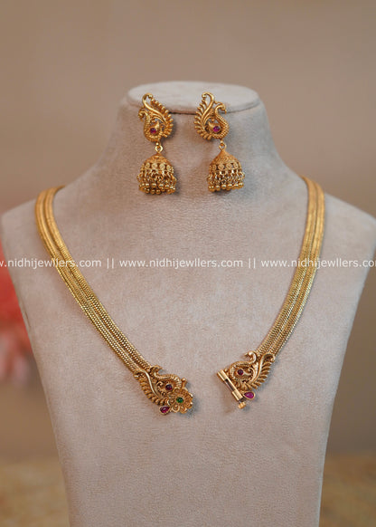Antique Multi-Strand Woven Mesh Hasli Necklace Set with Peacock Jhumkas - Meera