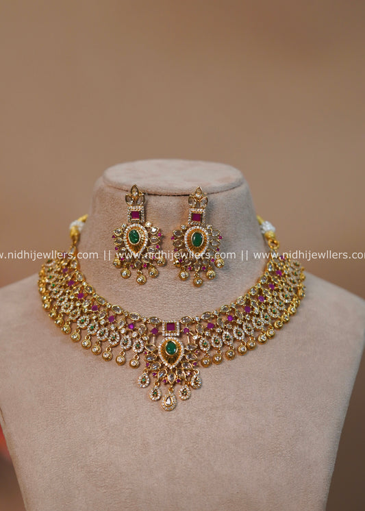 Antique Gold-Finish Faux Polki Choker Set with Emerald and Ruby Glass Crystals - Adrika