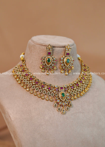 Antique Gold-Finish Faux Polki Choker Set with Emerald and Ruby Glass Crystals - Adrika