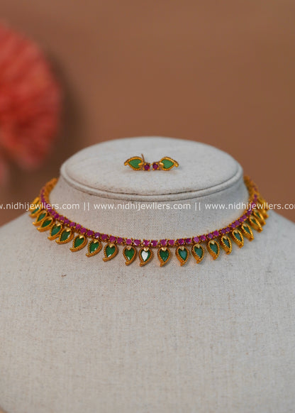 Antique Gold-Finish Palakka-Inspired Emerald Mango Choker Set with Ruby Rail - Mayukha