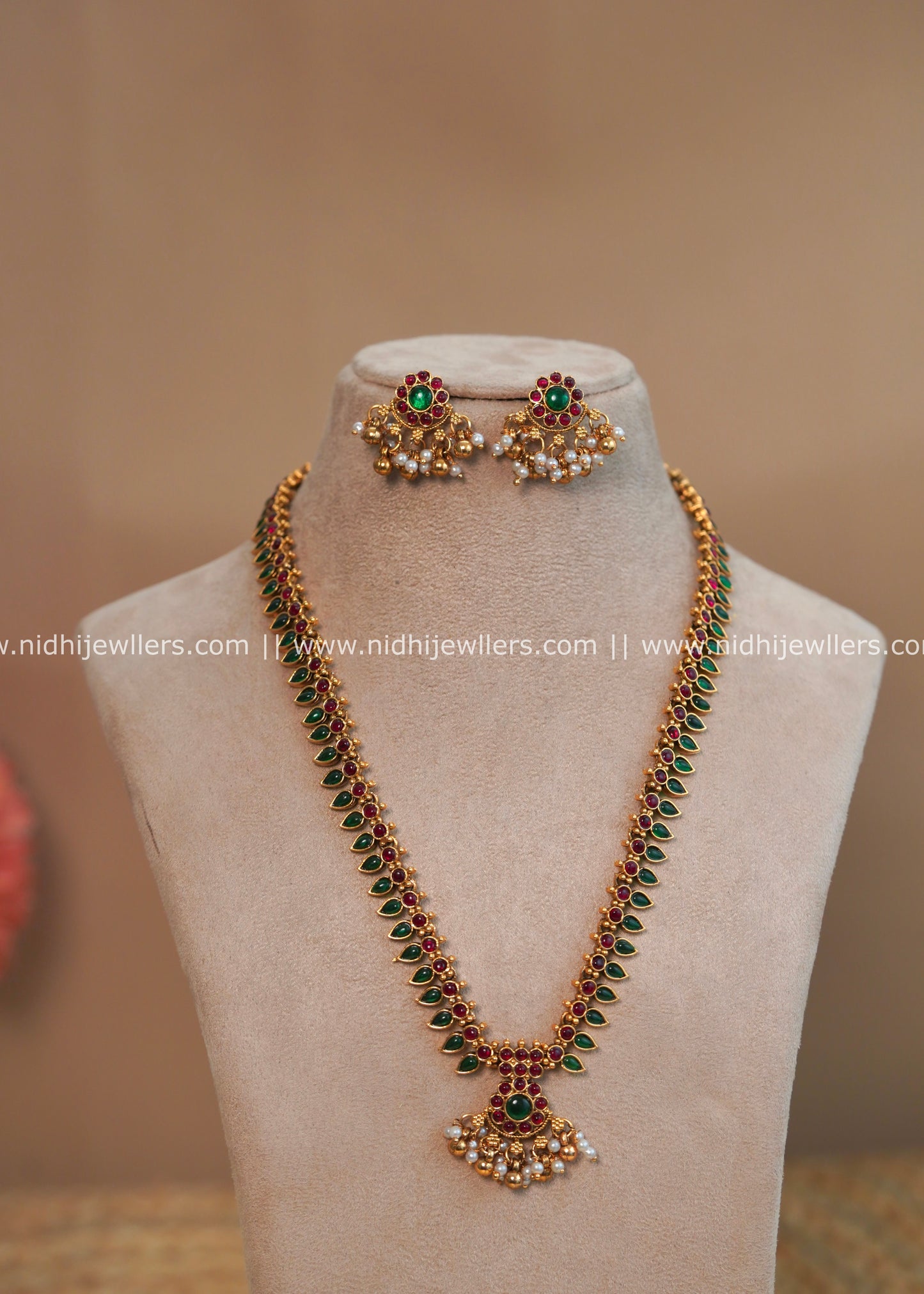 Traditional Kerala Palakka Haram Long Necklace Set - Malavika