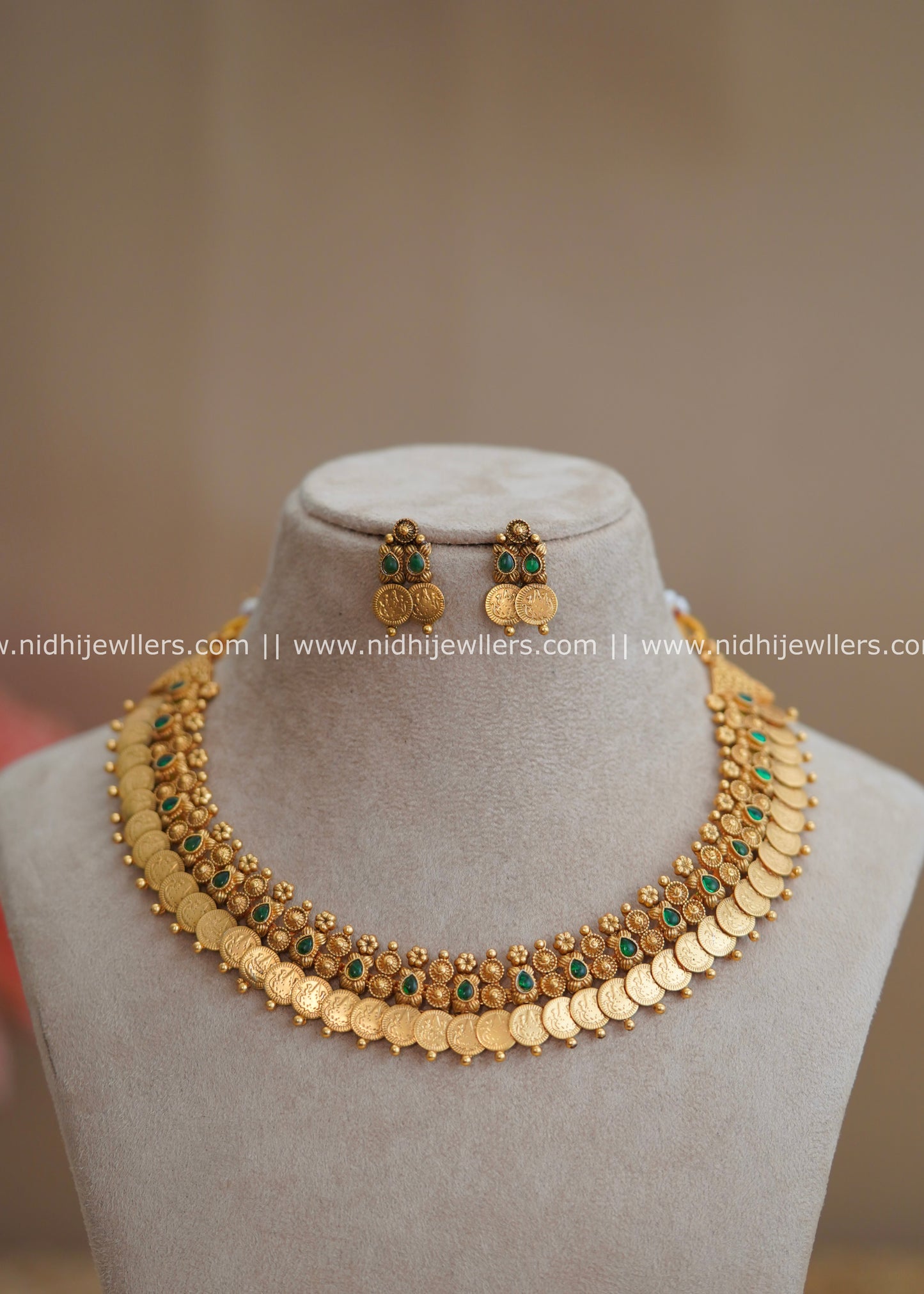 Lakshmi Kasu Necklace Set with Green Accents - Harini