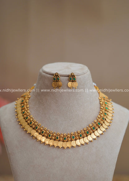Lakshmi Kasu Necklace Set with Green Accents - Harini